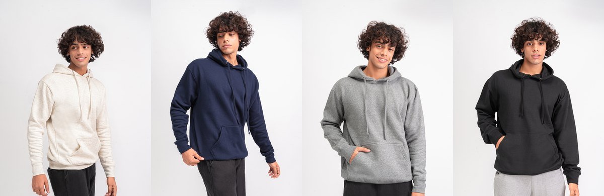 The hoodie in Oatmeal, Navy, Heather Grey and Black