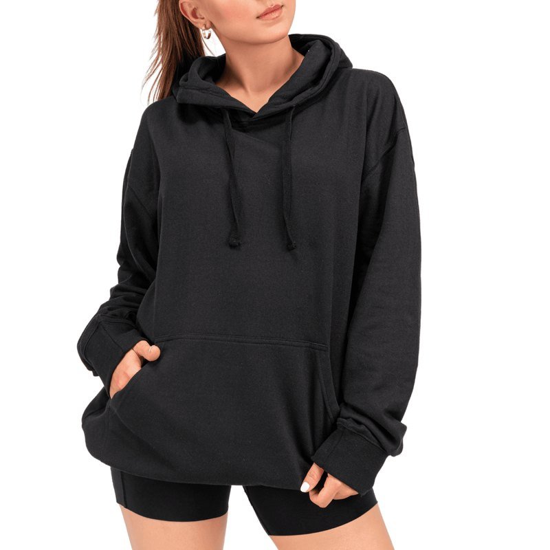 Kangaroo pocket and drawstring detail