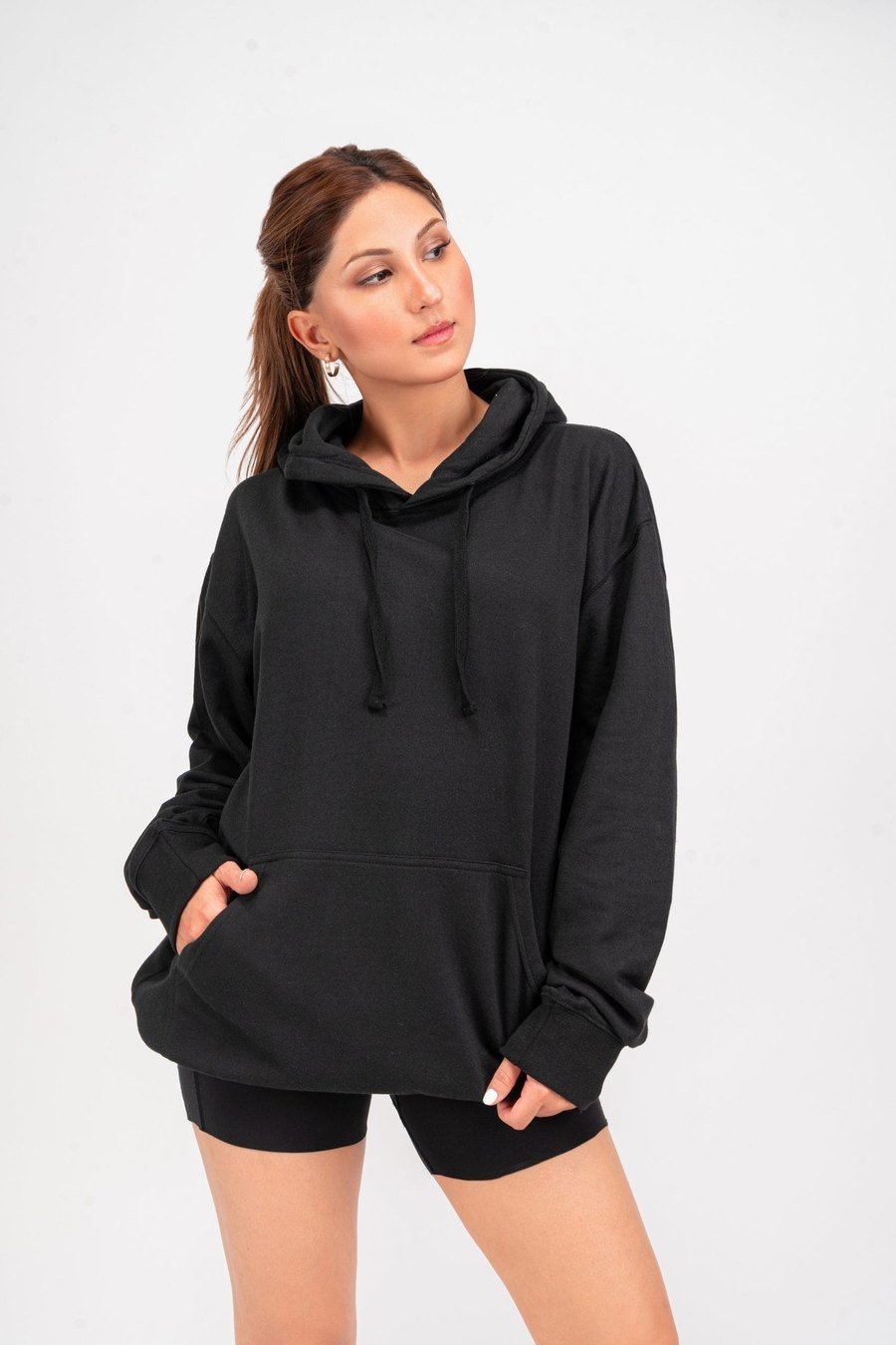 Aon's High Natural Cotton Blend Hoodies For Women — Black, on model