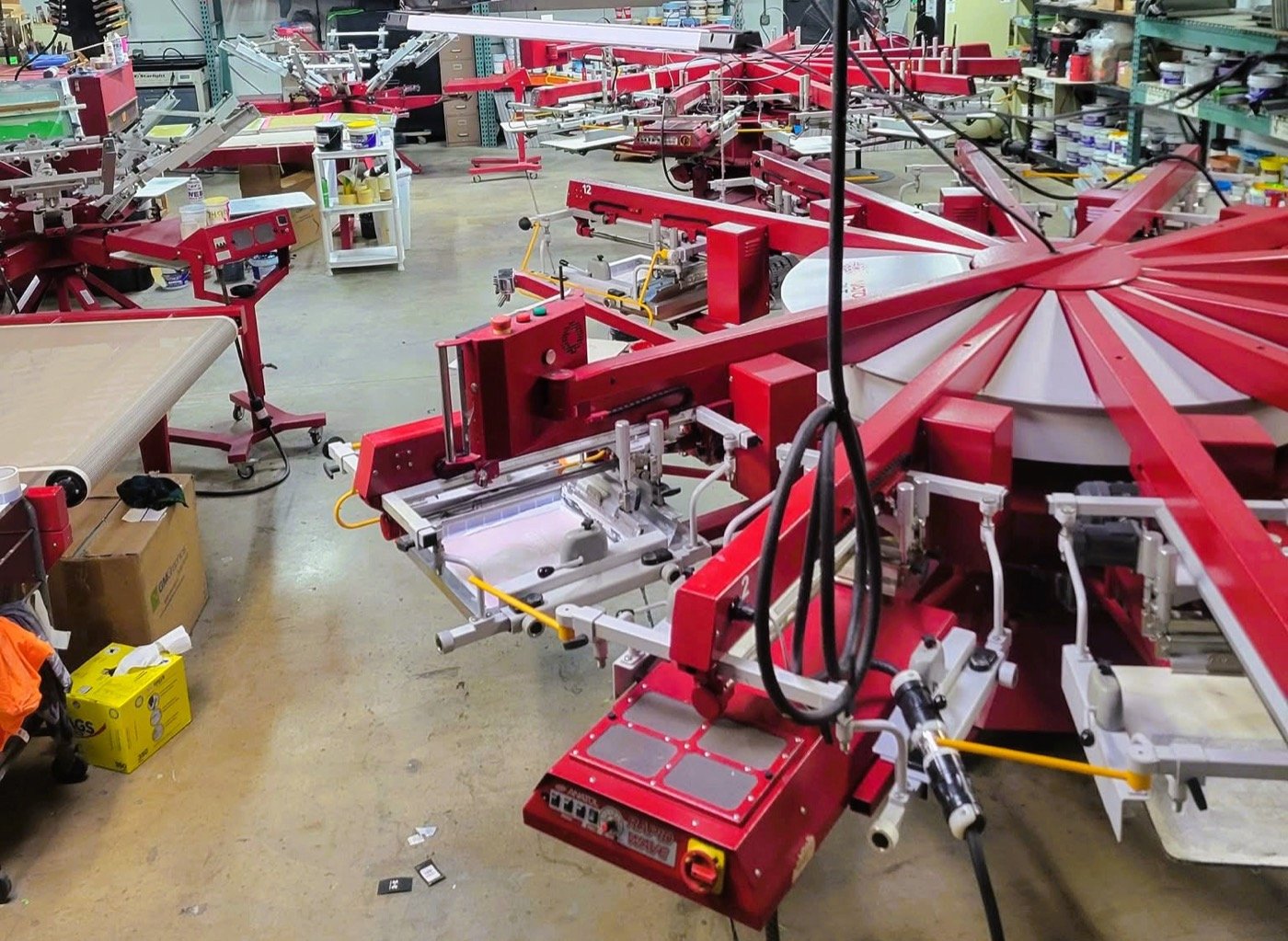 The screen printing floor in Addison, Illinois where Aon Apparel orders are printed